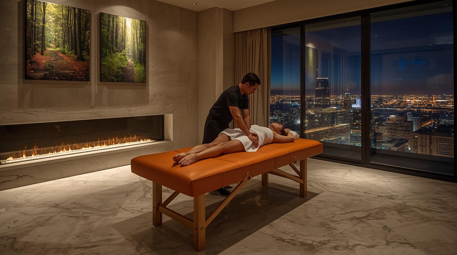 masażysta masujący klientkę w apartamencie z widokiem na miasto nocą
